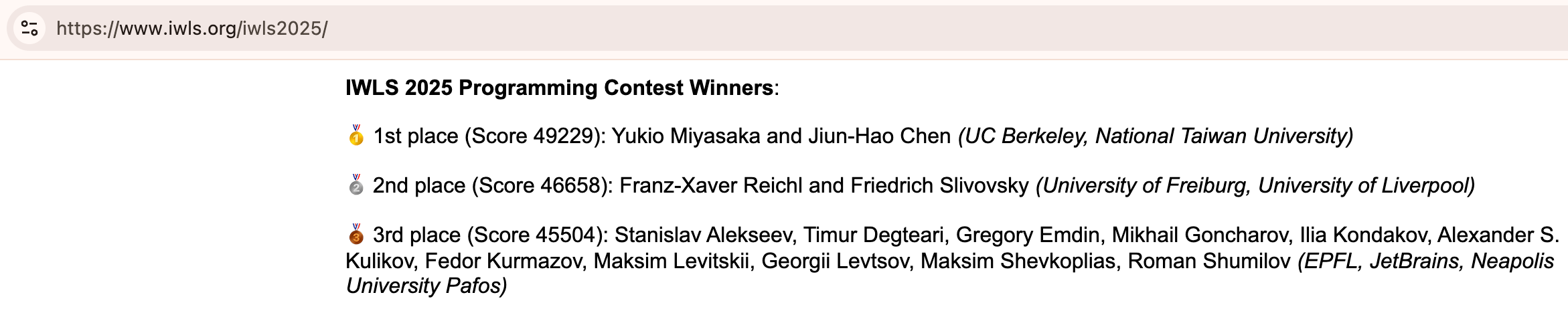 Competition results, showing third place