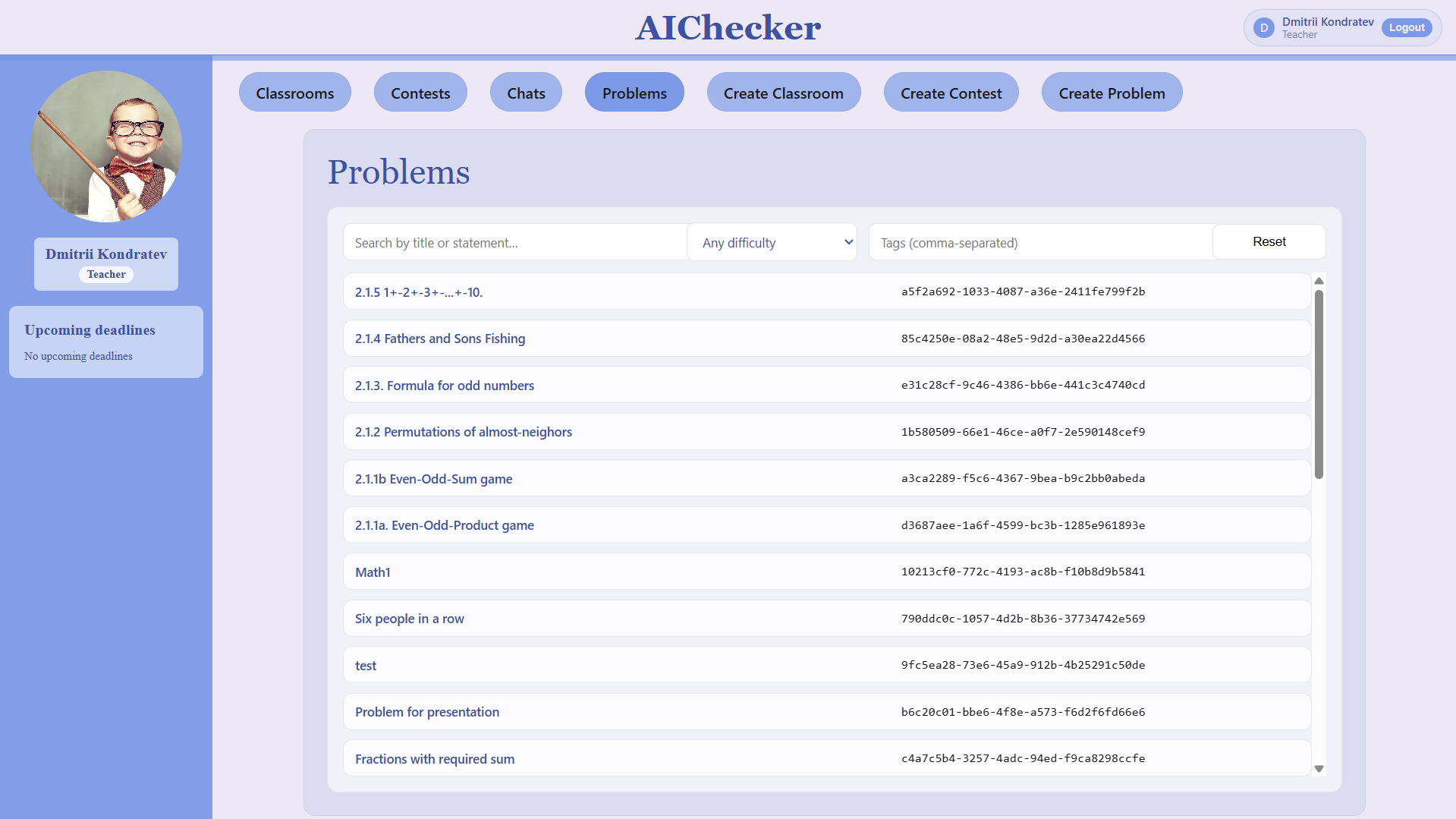 AiChecker web interface with problem list and filters