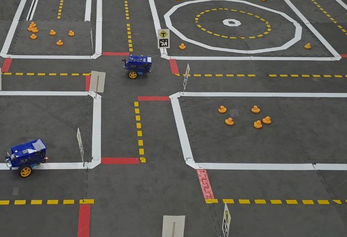 robots on a road with markings