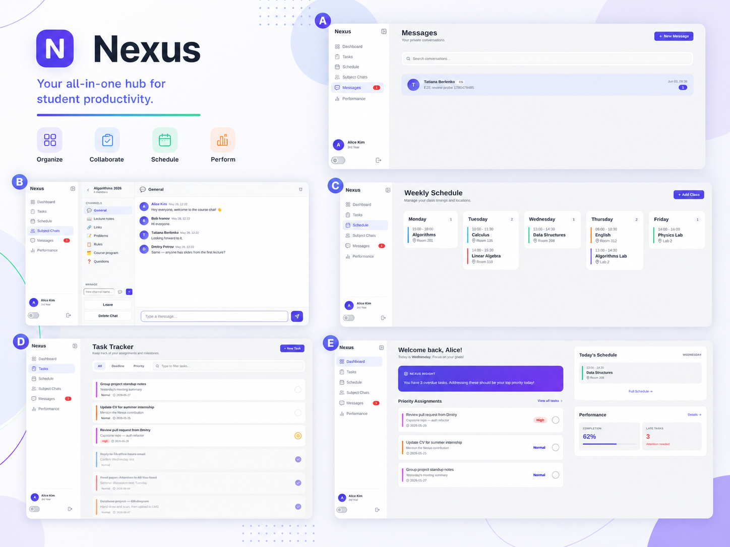 Nexus dashboard with schedule, tasks, and student analytics