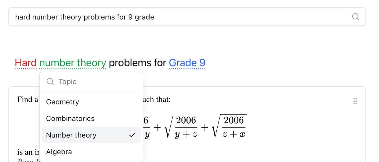 search interface showing "hard number theory problems for 9 grade"