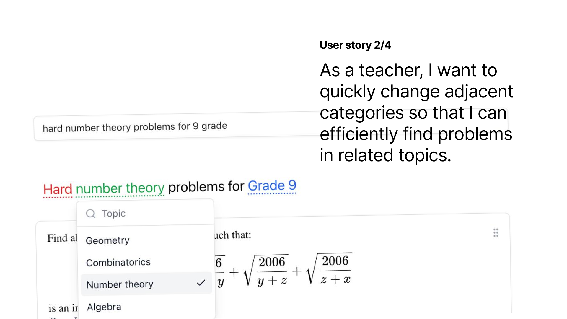 User story 2: As a teacher, I want to quickly change adjacent categories so that I can efficiently find problems in related topics