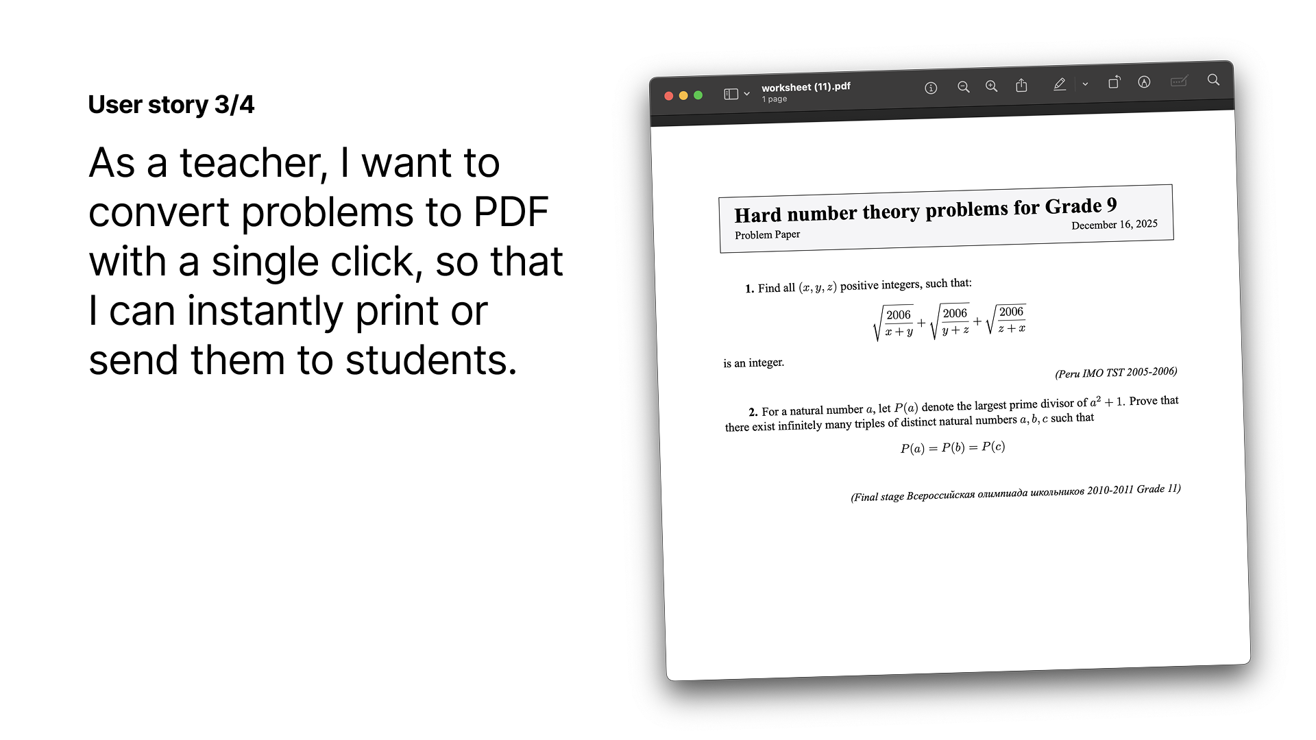 User story 3: As a teacher, I want to convert problems to PDF with a single click, so that I can instantly print or send them to students